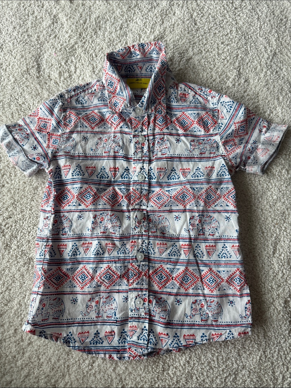 Kids Roller Rabbit Short-Sleeve Button-Up Shirt in White with Red & Blue Print